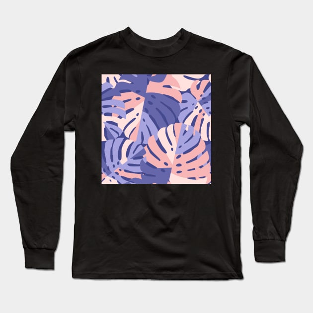 Color Block Monstera Leaves - Purple + Pink Long Sleeve T-Shirt by latheandquill